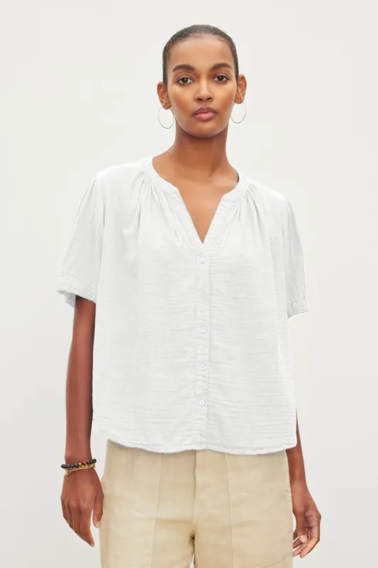 DEANN COTTON GAUZE BUTTON-UP TOP IN WHITE sold by Velvet Tees