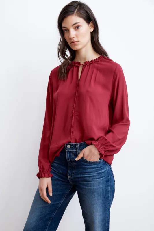 SAMANTHA RAYON CHALLIS PEASANT TIE TOP IN CARMINE sold by Velvet Tees