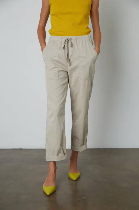 MISTY COTTON TWILL TROUSERS IN STONE sold by Velvet Tees