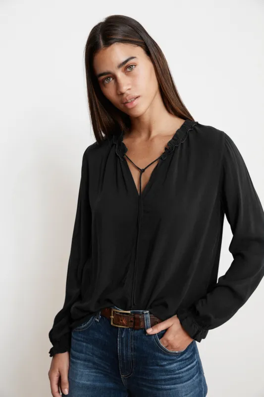SAMANTHA RAYON CHALLIS PEASANT TIE TOP IN BLACK sold by Velvet Tees