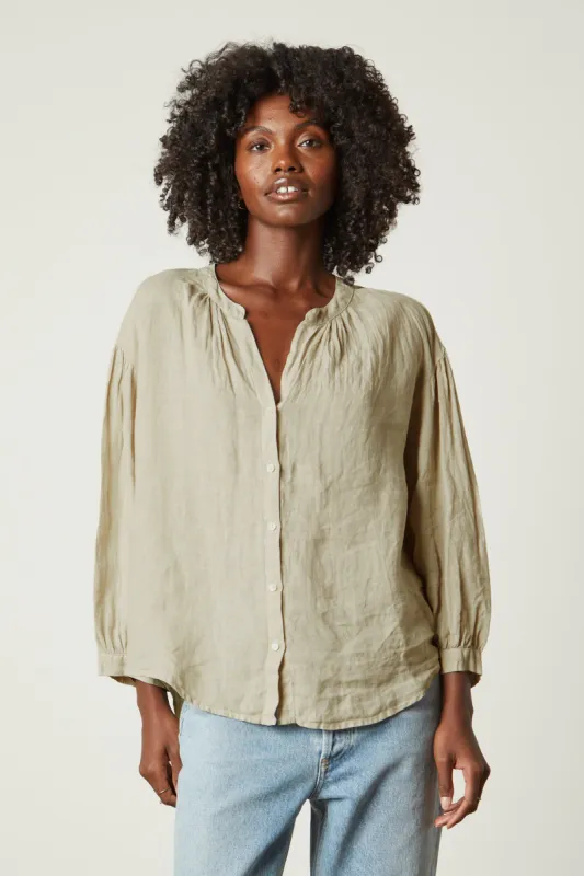 MATEA WOVEN LINEN TOP IN COBBLE sold by Velvet Tees
