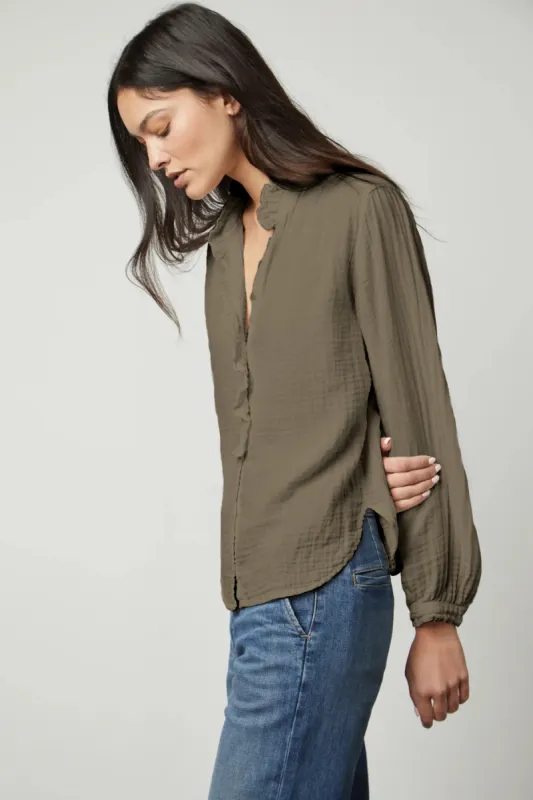 TRISHA COTTON GAUZE TOP IN ALGAE sold by Velvet Tees