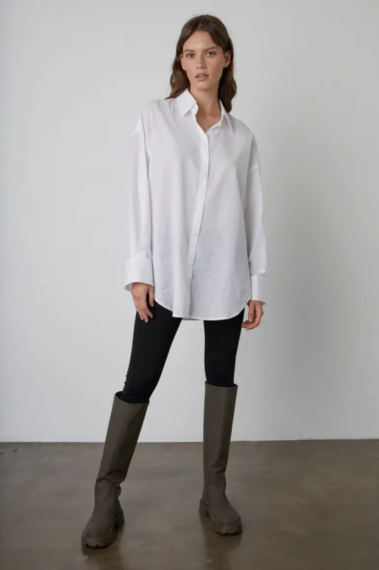 RACHEL OVERSIZED BUTTON-UP SHIRT IN WHITE sold by Velvet Tees