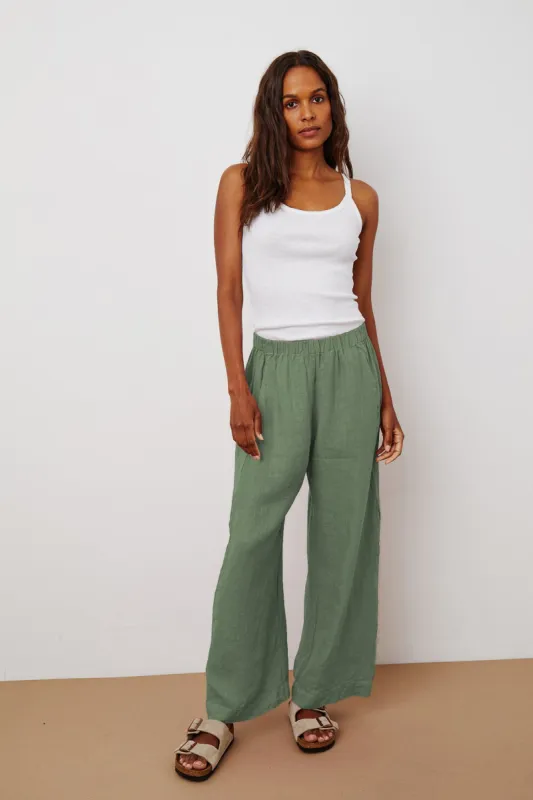LOLA LINEN TROUSERS IN ALOE sold by Velvet Tees