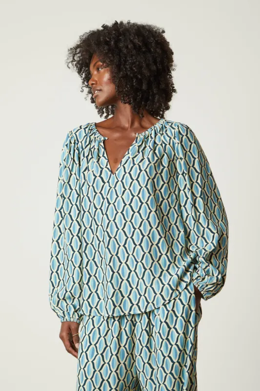 LAURA GEO PRINT CREPE TOP IN BLUE sold by Velvet Tees