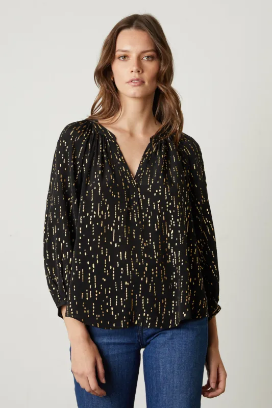 NIXIE CREPE FOIL TOP IN BLACK sold by Velvet Tees