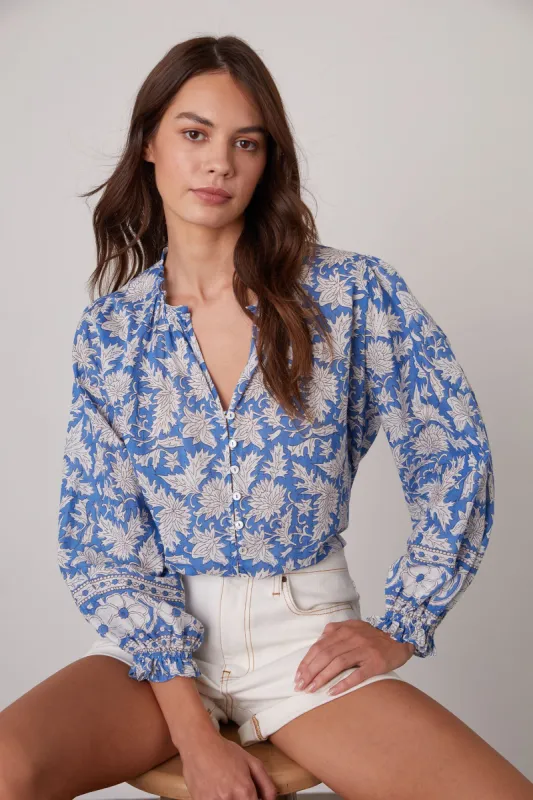 MIKAYLA BUTTON-UP PRINTED BLOUSE IN ASUL sold by Velvet Tees