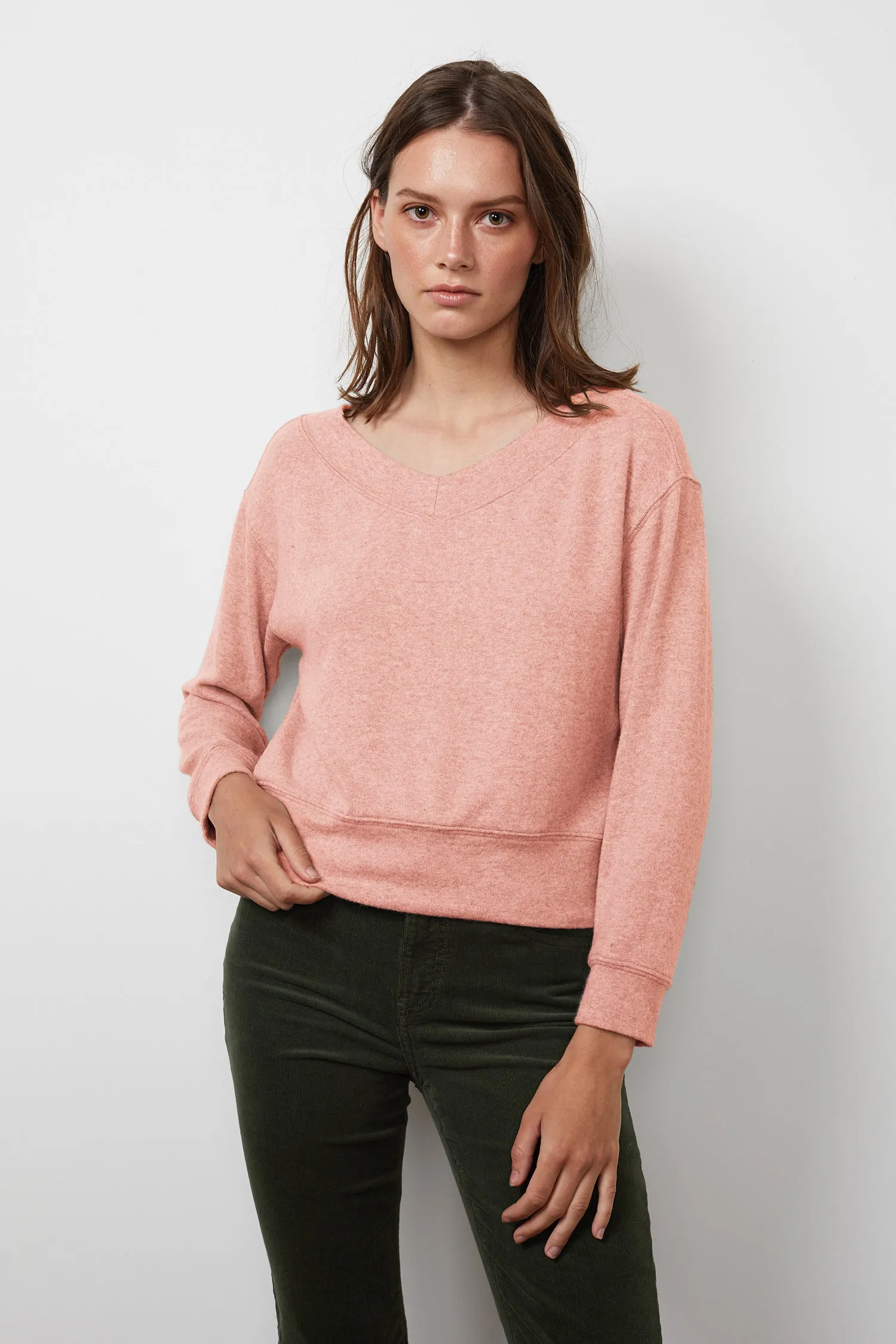 SLOE COZY LUX V-NECK SWEATSHIRT IN ROSA sold by Velvet Tees