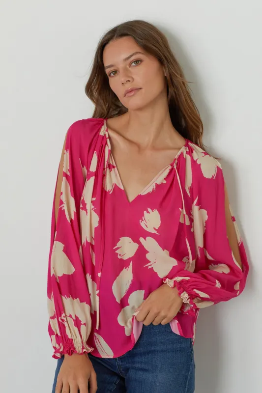 VIKKI PRINTED CUT-OUT BLOUSE IN CAICOS sold by Velvet Tees