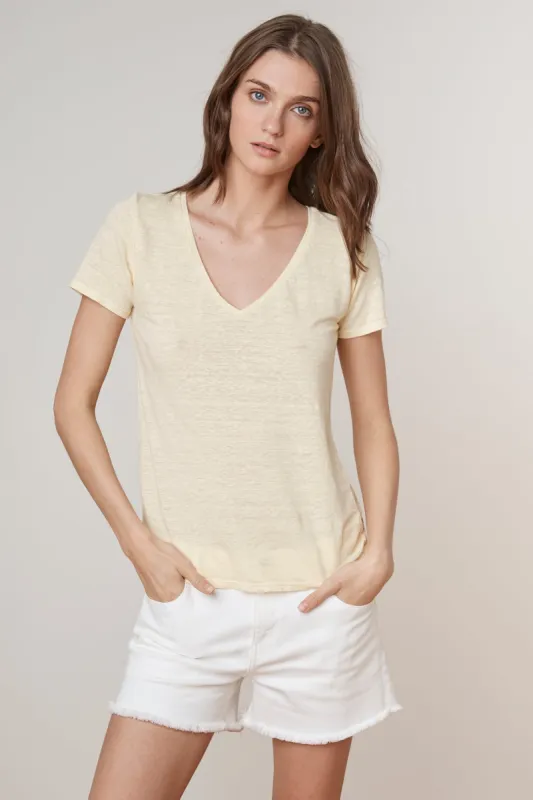 LAWANA LINEN KNIT V-NECK TEE IN TART sold by Velvet Tees