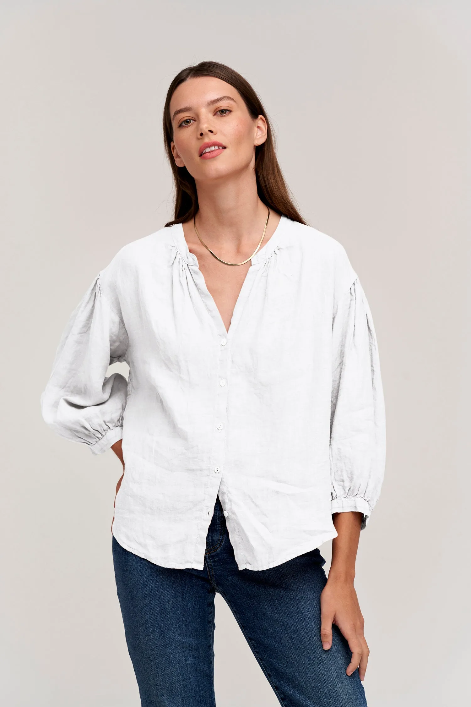 MATEA WOVEN LINEN BUTTON UP BLOUSE IN WHITE sold by Velvet Tees