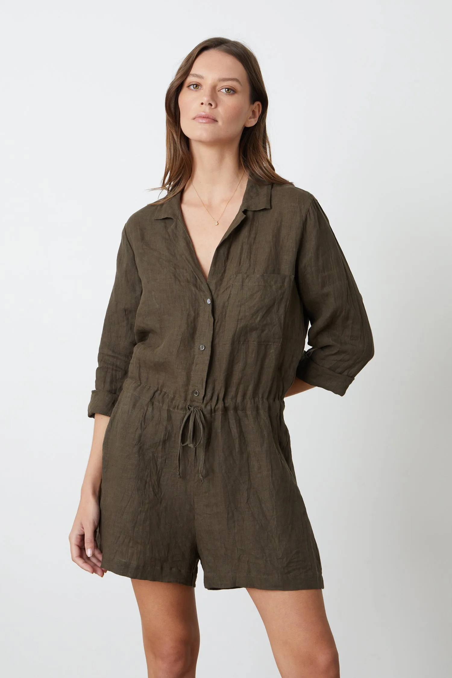 RUTH WOVEN LINEN PLAYSUIT IN CAVIAR sold by Velvet Tees