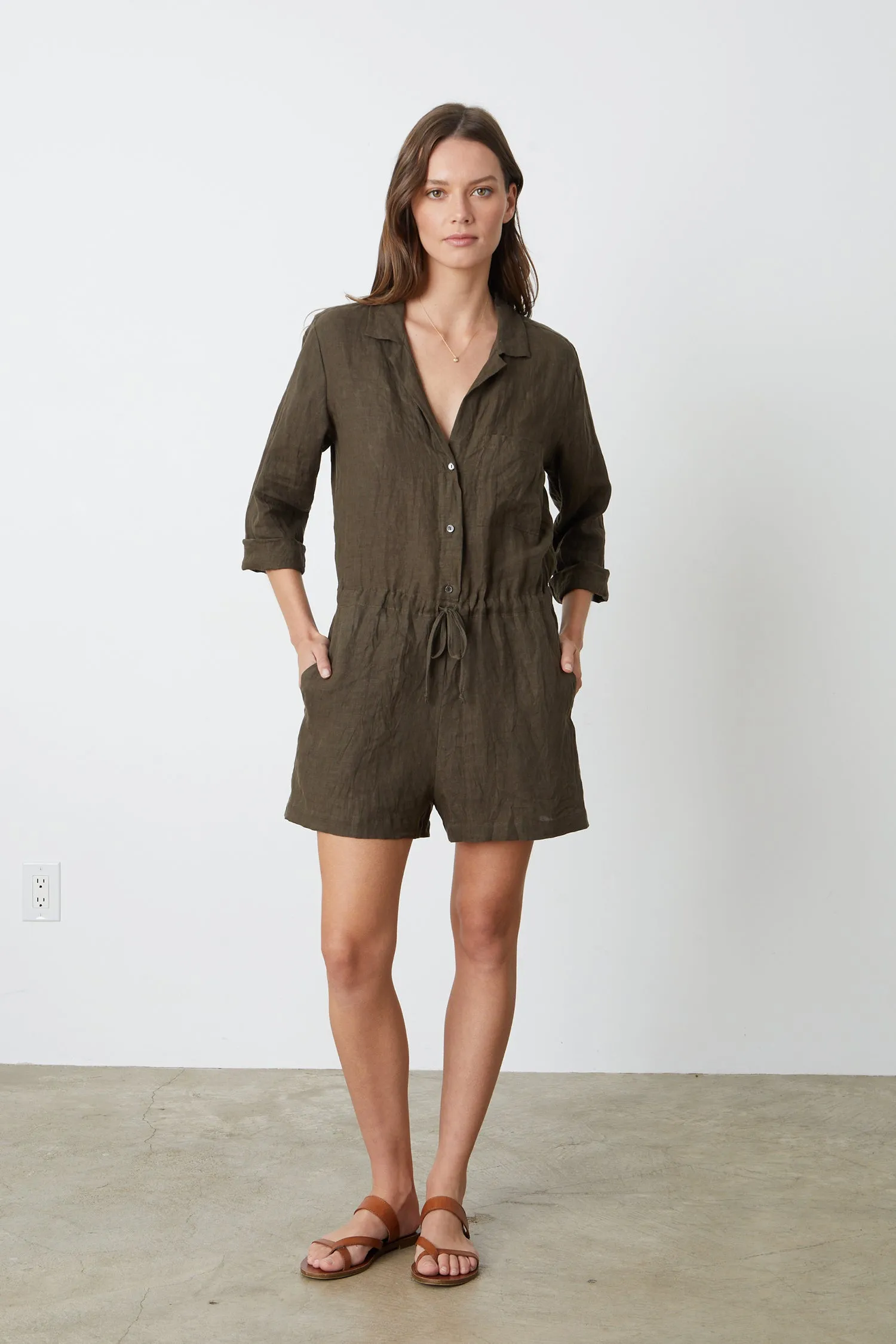 RUTH WOVEN LINEN PLAYSUIT IN CAVIAR sold by Velvet Tees product image thumbnail 4