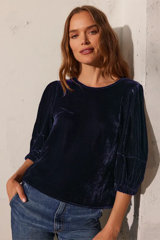NANCY SILK VELVET TOP IN NAVY sold by Velvet Tees
