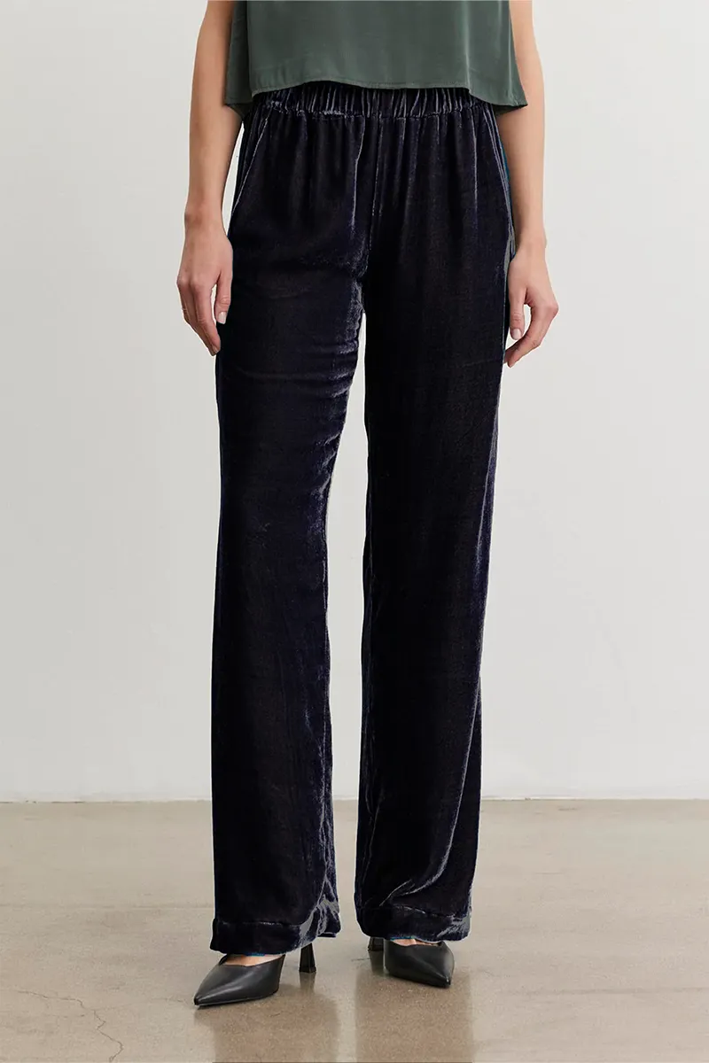 SORINE SILK VELVET TROUSER IN NAVY sold by Velvet Tees