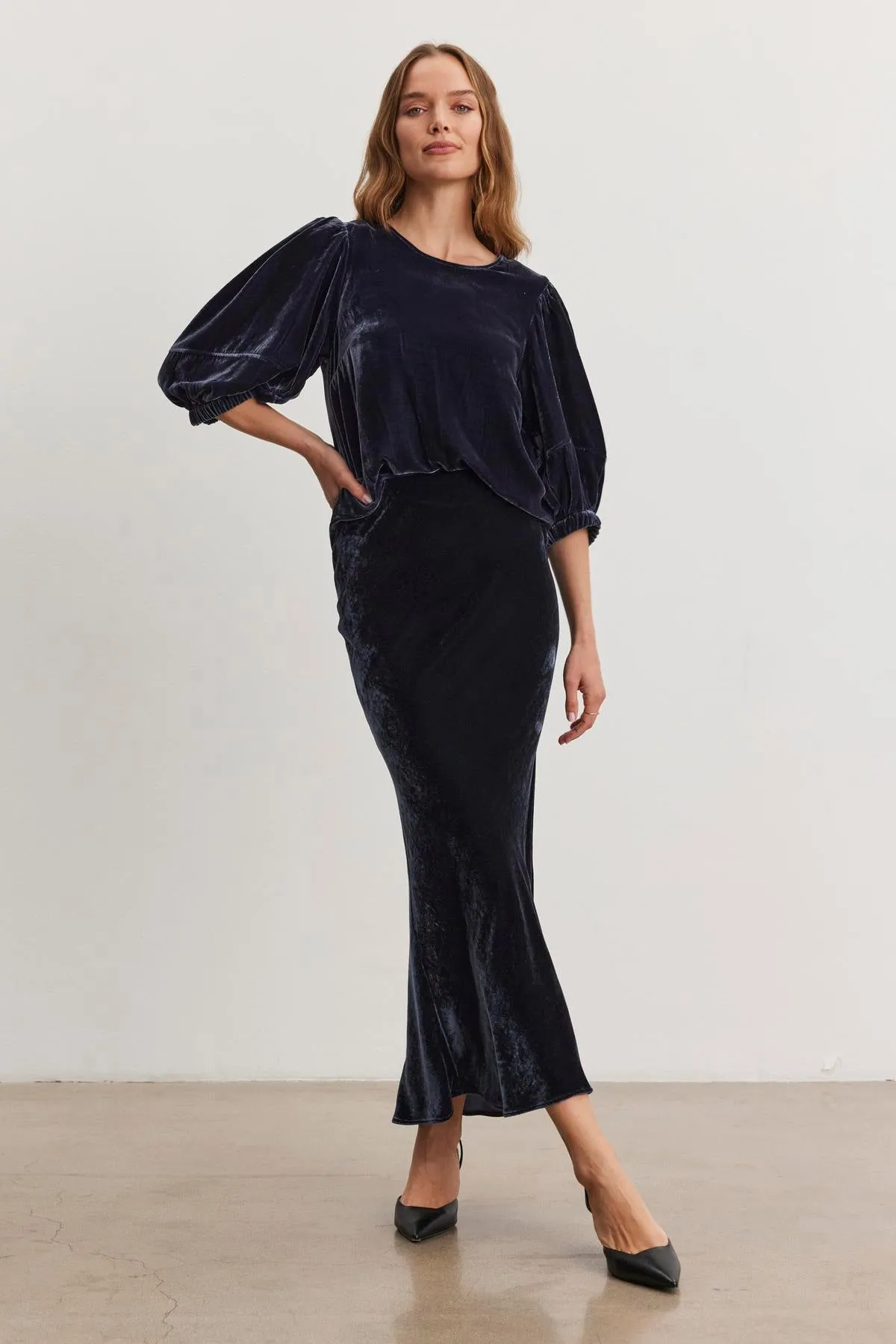 EZA SILK VELVET SKIRT IN NAVY sold by Velvet Tees