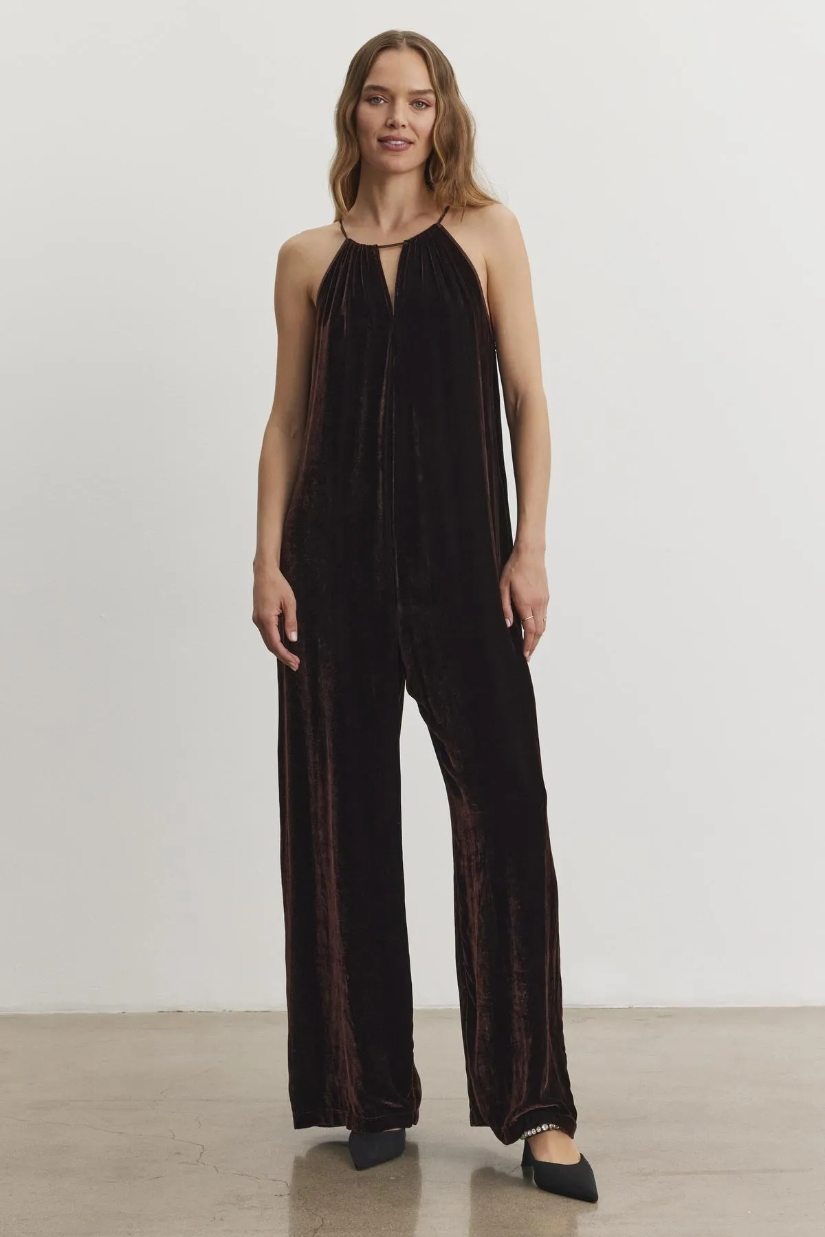 CIENNA SILK VELVET JUMPSUIT IN BURLWOOD sold by Velvet Tees