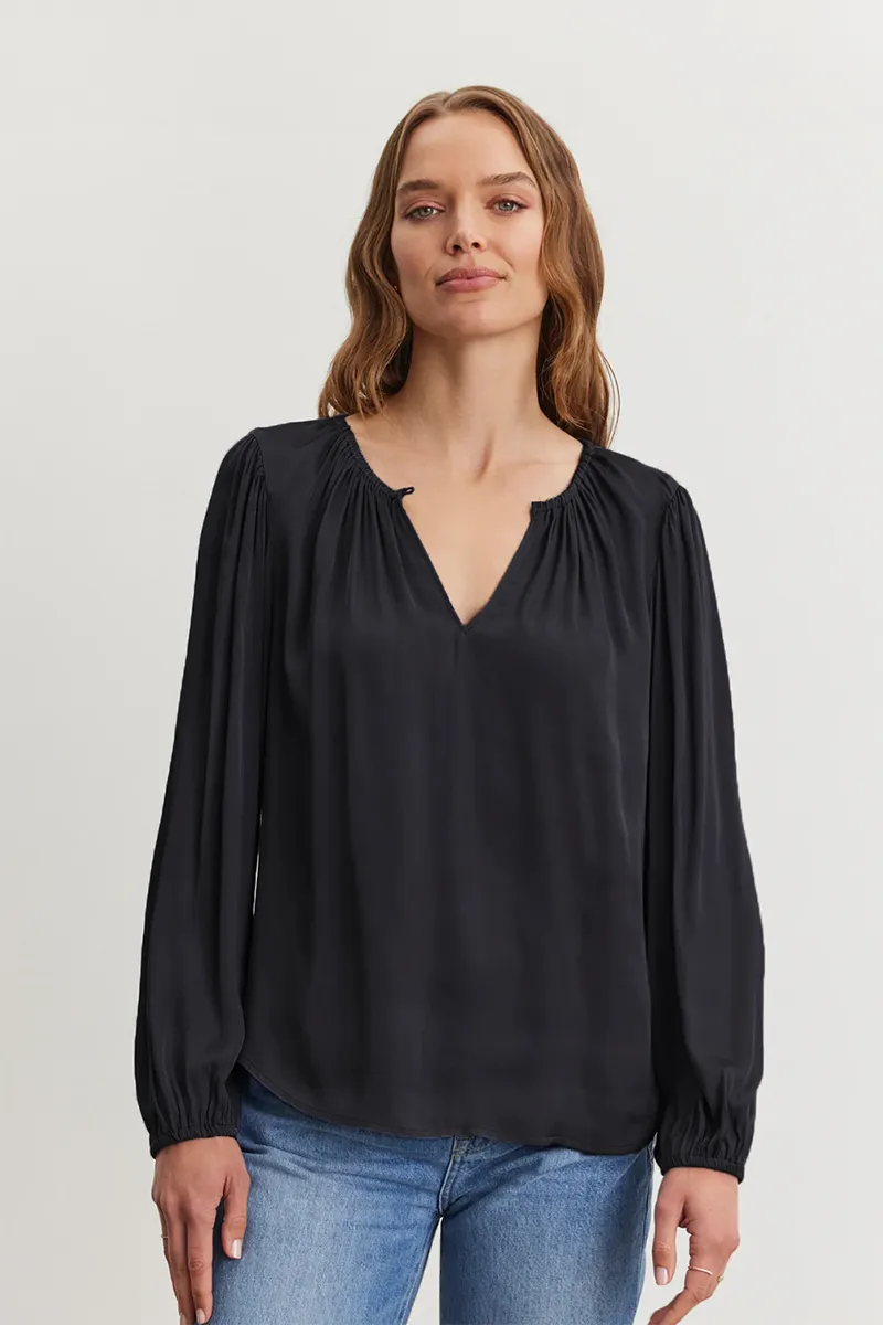 RIONA SATIN TOP IN BLACK sold by Velvet Tees