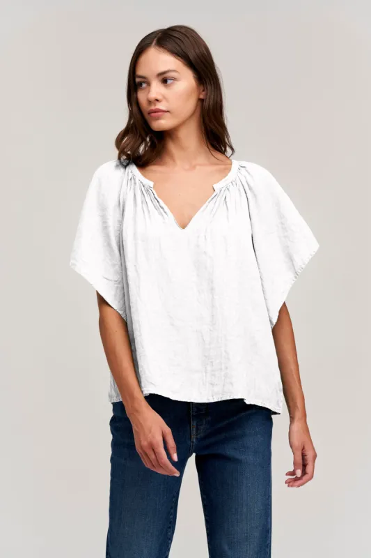 KALILA WOVEN LINEN RUFFLE SLEEVE TOP IN WHITE sold by Velvet Tees