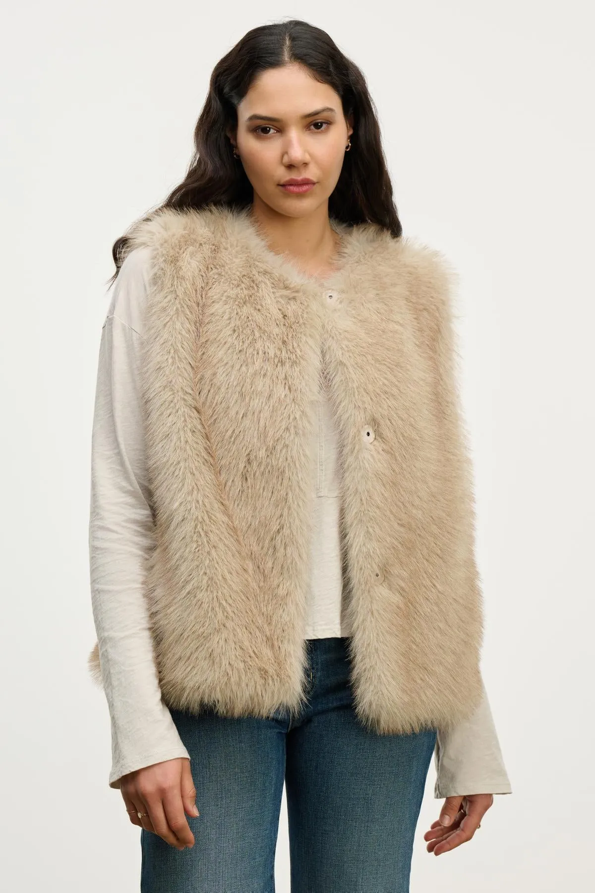 ANASTASIA FUR VEST IN TAUPE sold by Velvet Tees
