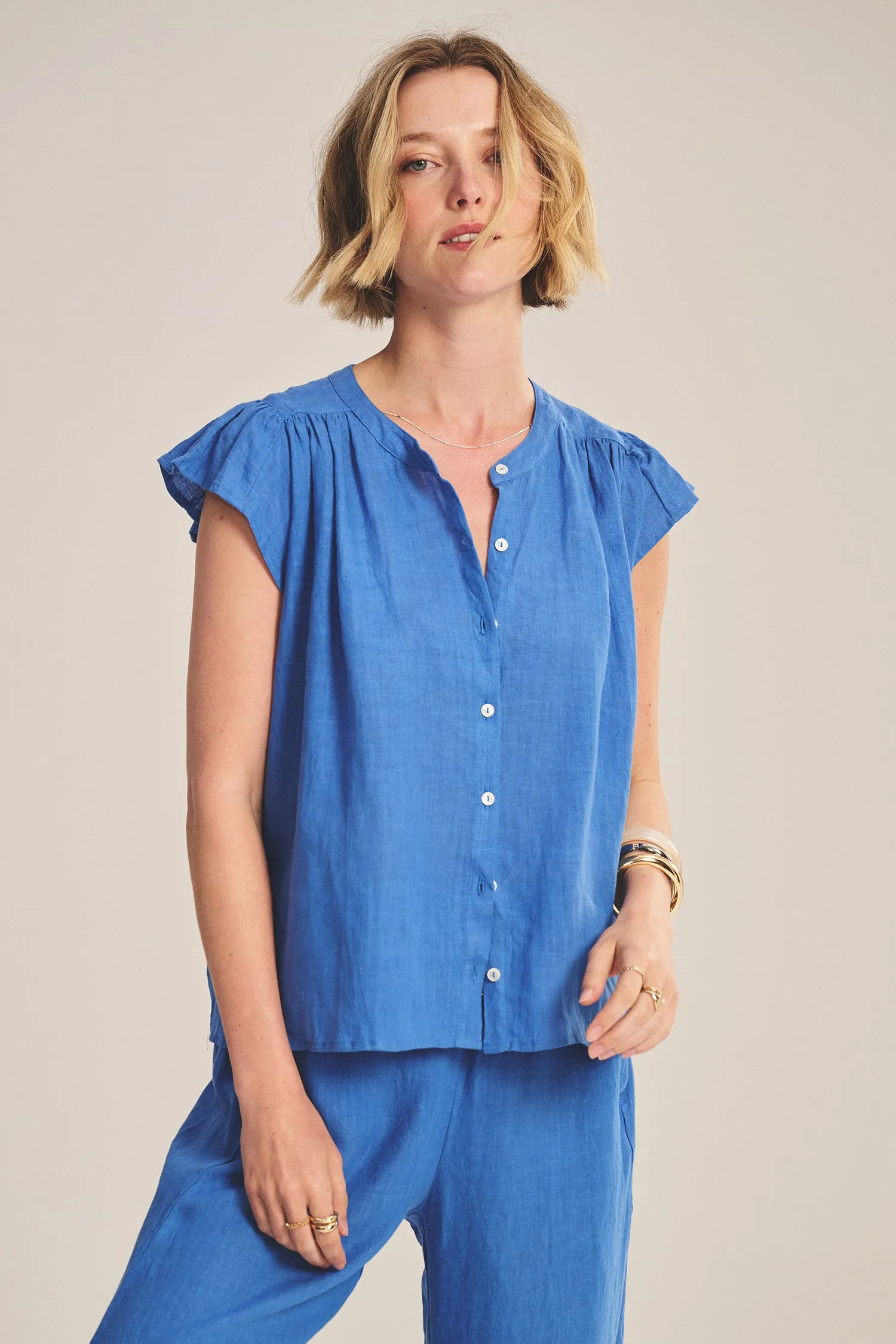 JANEY LINEN TOP IN BLUEJAY sold by Velvet Tees