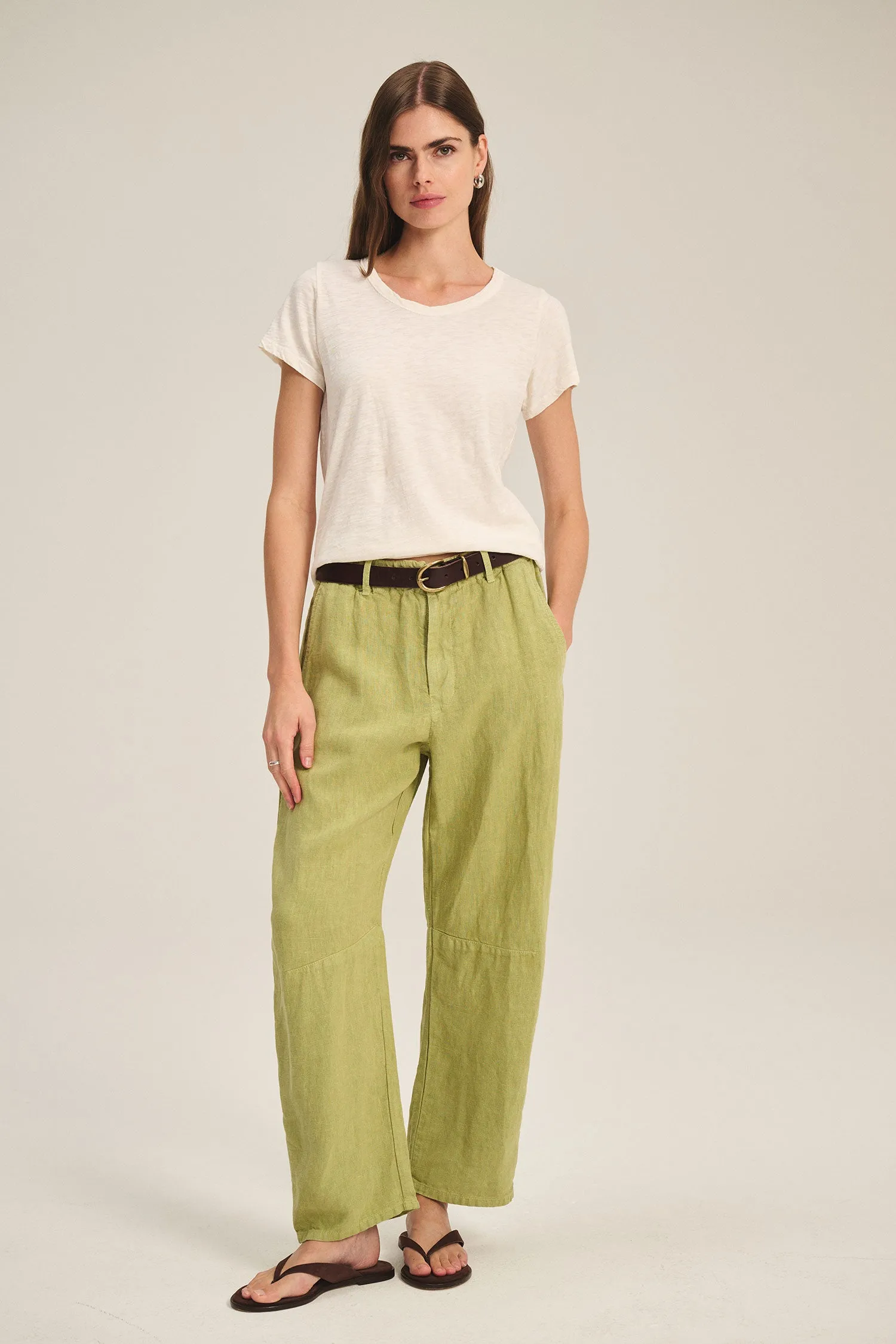 TAYLOR HEAVY LINEN TROUSER IN MOSS sold by Velvet Tees
