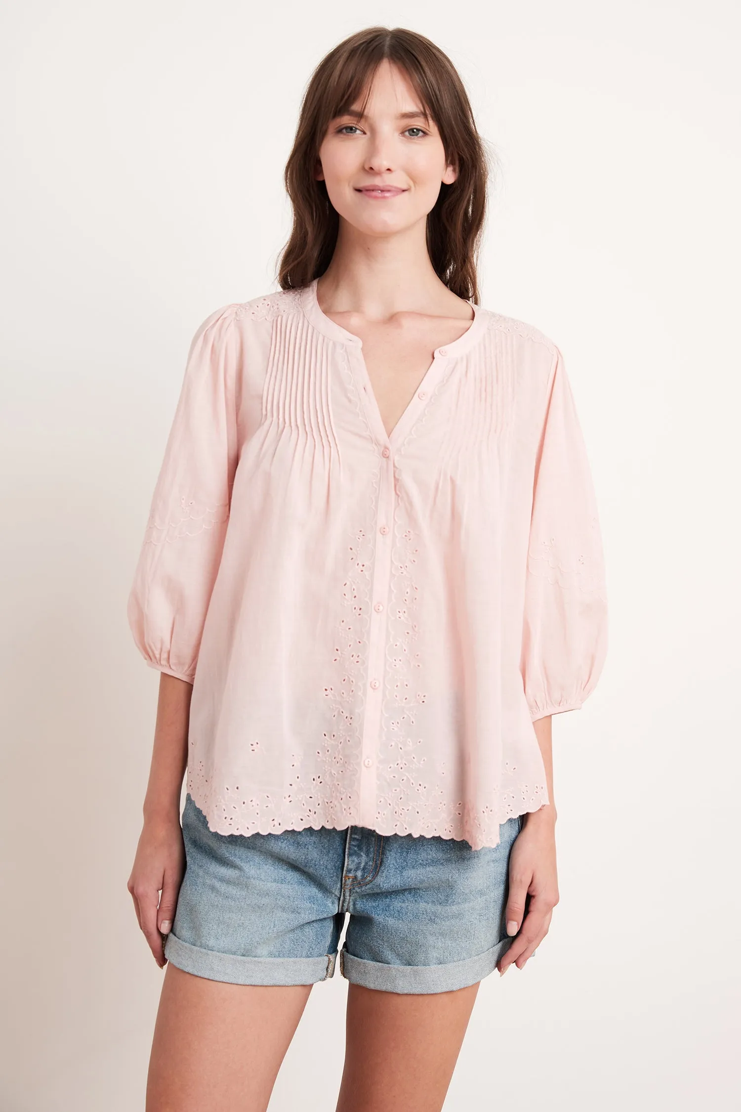 CATHERINE EYELET EMBROIDERY TOP IN DUSTYROSE sold by Velvet Tees