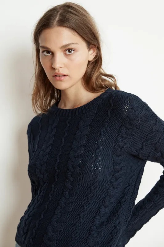 ARELY COTTON CABLE KNIT SWEATER IN NAVY sold by Velvet Tees
