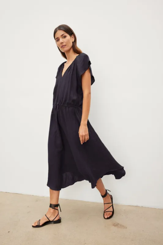 PEPPER LINEN V-NECK DRESS IN COPEN sold by Velvet Tees