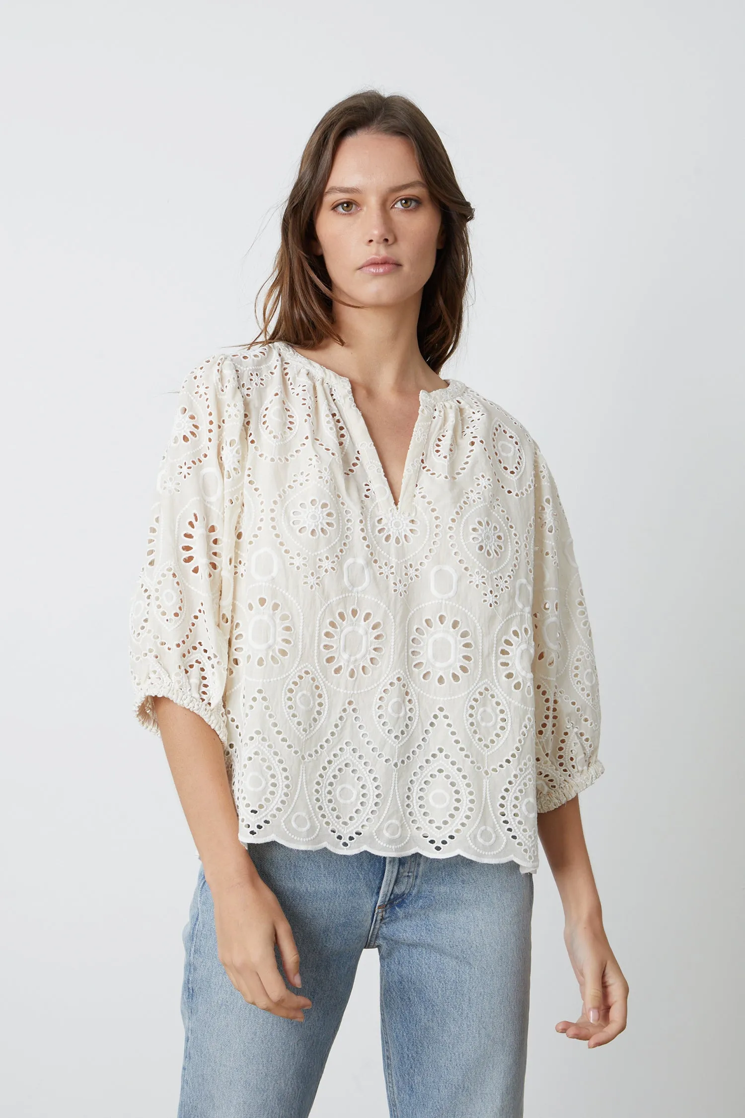 QUINN EYELET TOP IN IVORY sold by Velvet Tees