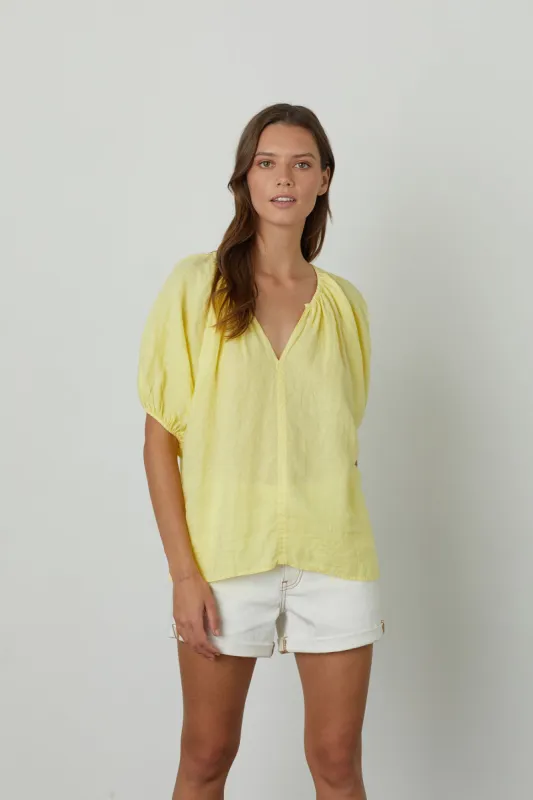 JANINE PUFF SLEEVE LINEN TOP IN LEMON sold by Velvet Tees