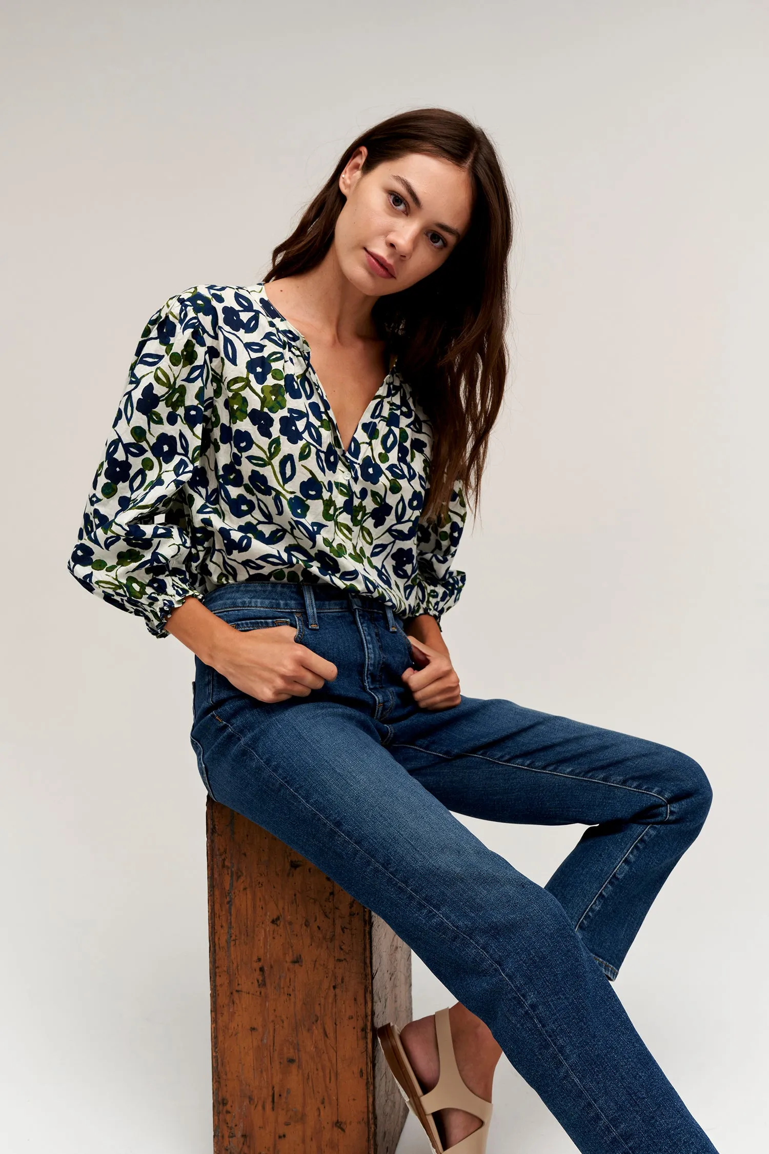 WILLOW PRINTED COTTON CAMBRIC TOP IN NAVY sold by Velvet Tees