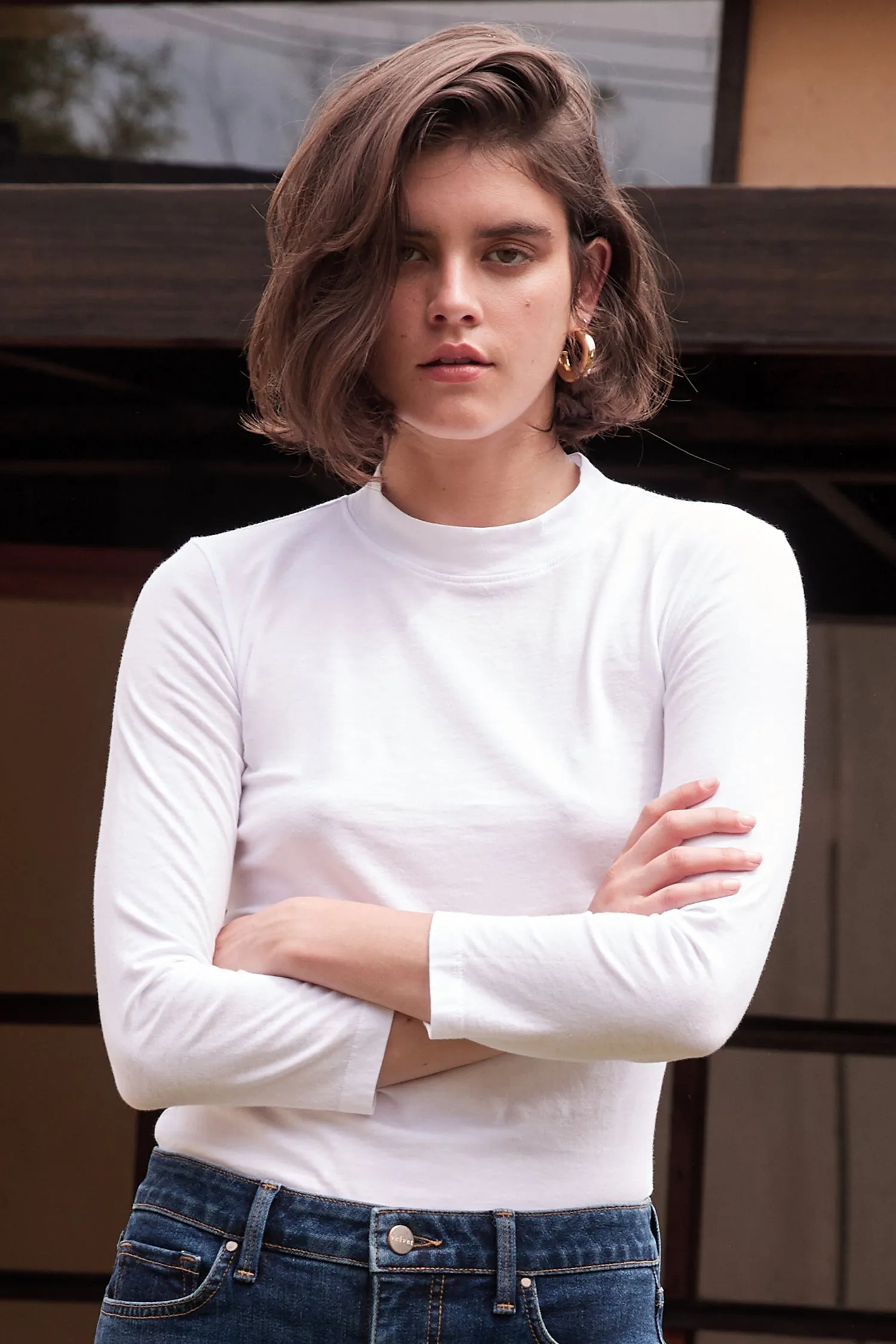 QUINNY SUEDED JERSEY LONG SLEEVE TEE IN WHITE sold by Velvet Tees