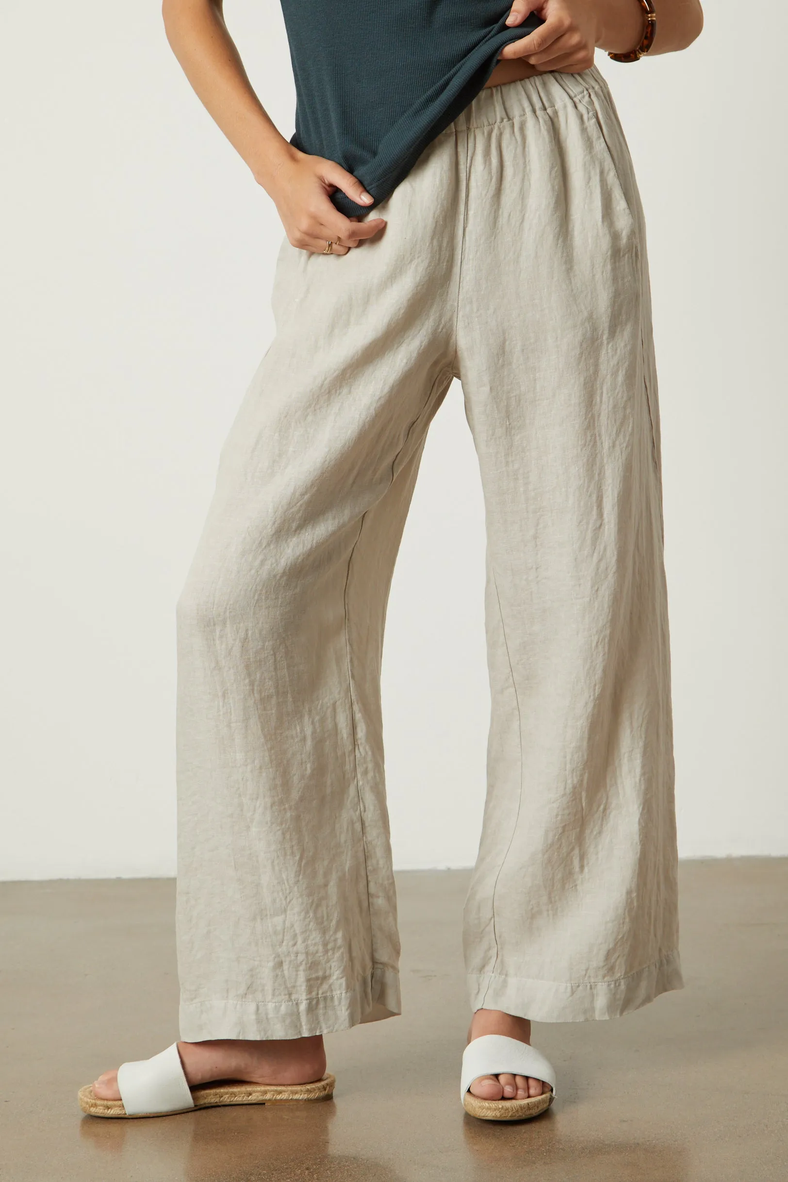 LOLA WOVEN LINEN TROUSERS IN COBBLE sold by Velvet Tees