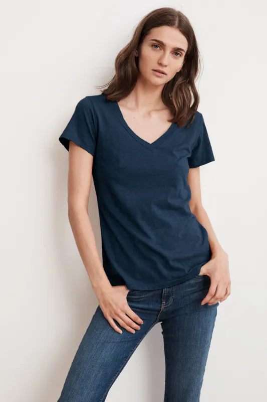 LILITH COTTON SLUB V-NECK TEE IN LAGOON sold by Velvet Tees