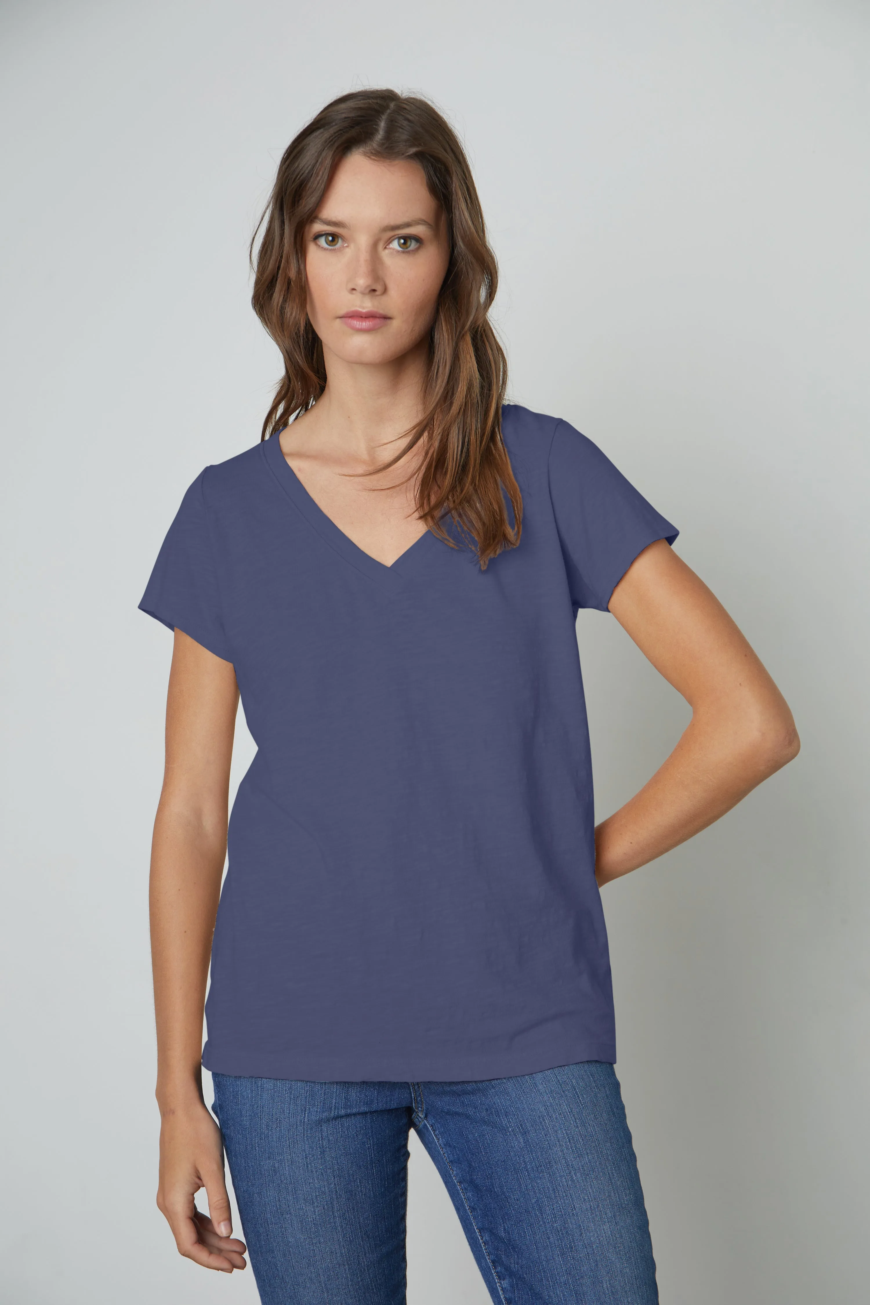 JILIAN ORIGINAL SLUB V-NECK TEE IN BLUE CHIP sold by Velvet Tees