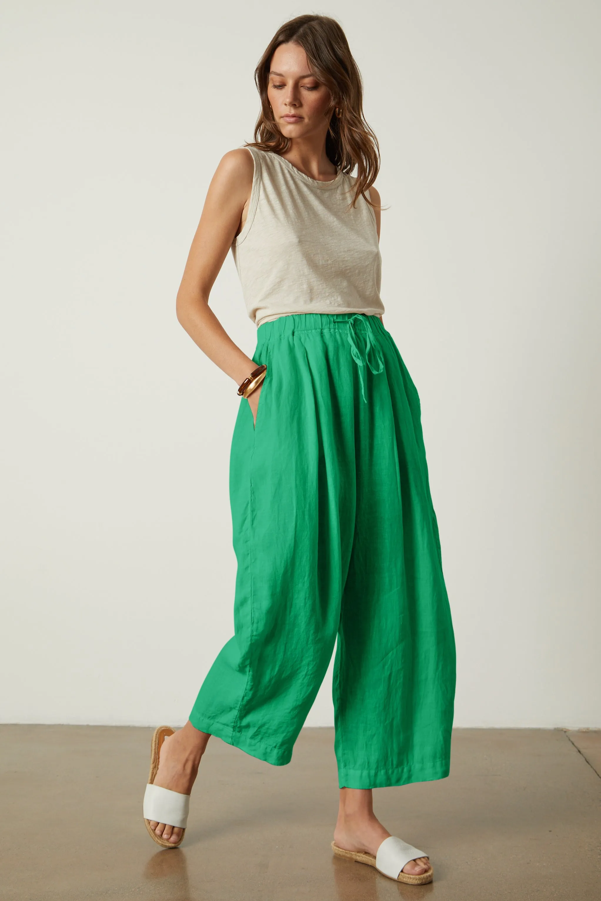 HANNAH WOVEN LINEN TROUSERS IN JADE sold by Velvet Tees