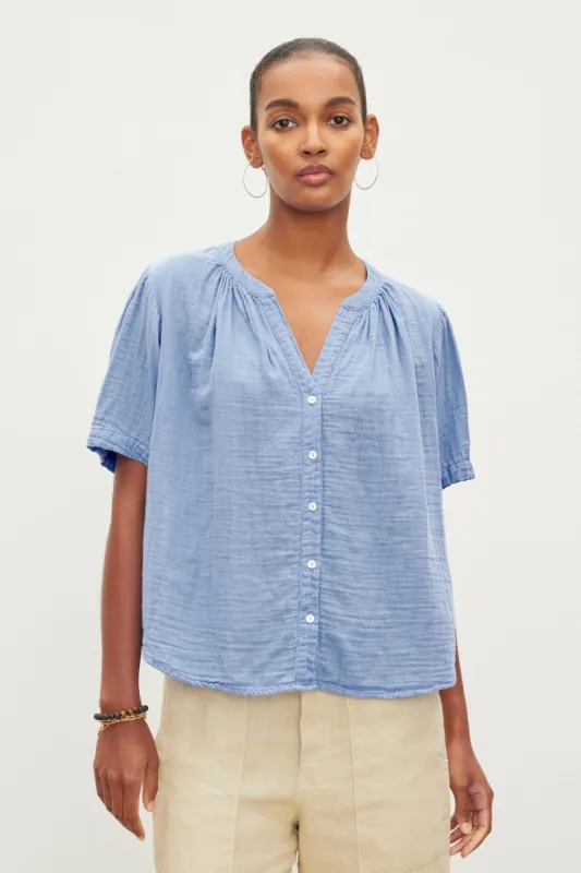 DEANN COTTON GAUZE BUTTON-UP TOP IN WAVE sold by Velvet Tees