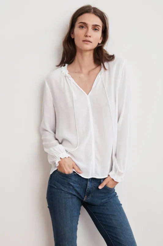 SAMANTHA RAYON CHALLIS PEASANT TIE TOP IN WHITE sold by Velvet Tees