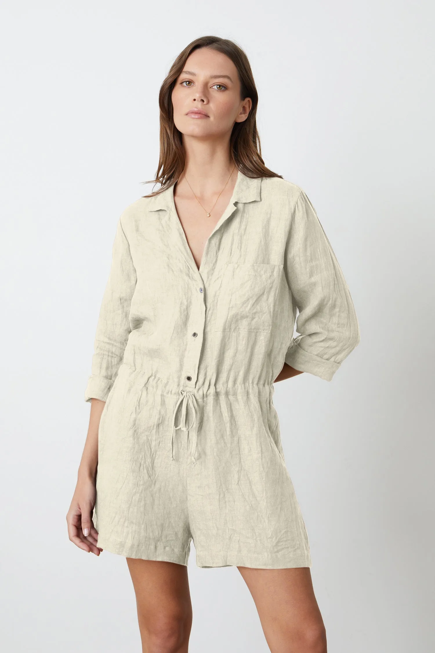 RUTH WOVEN LINEN PLAYSUIT IN SAND sold by Velvet Tees
