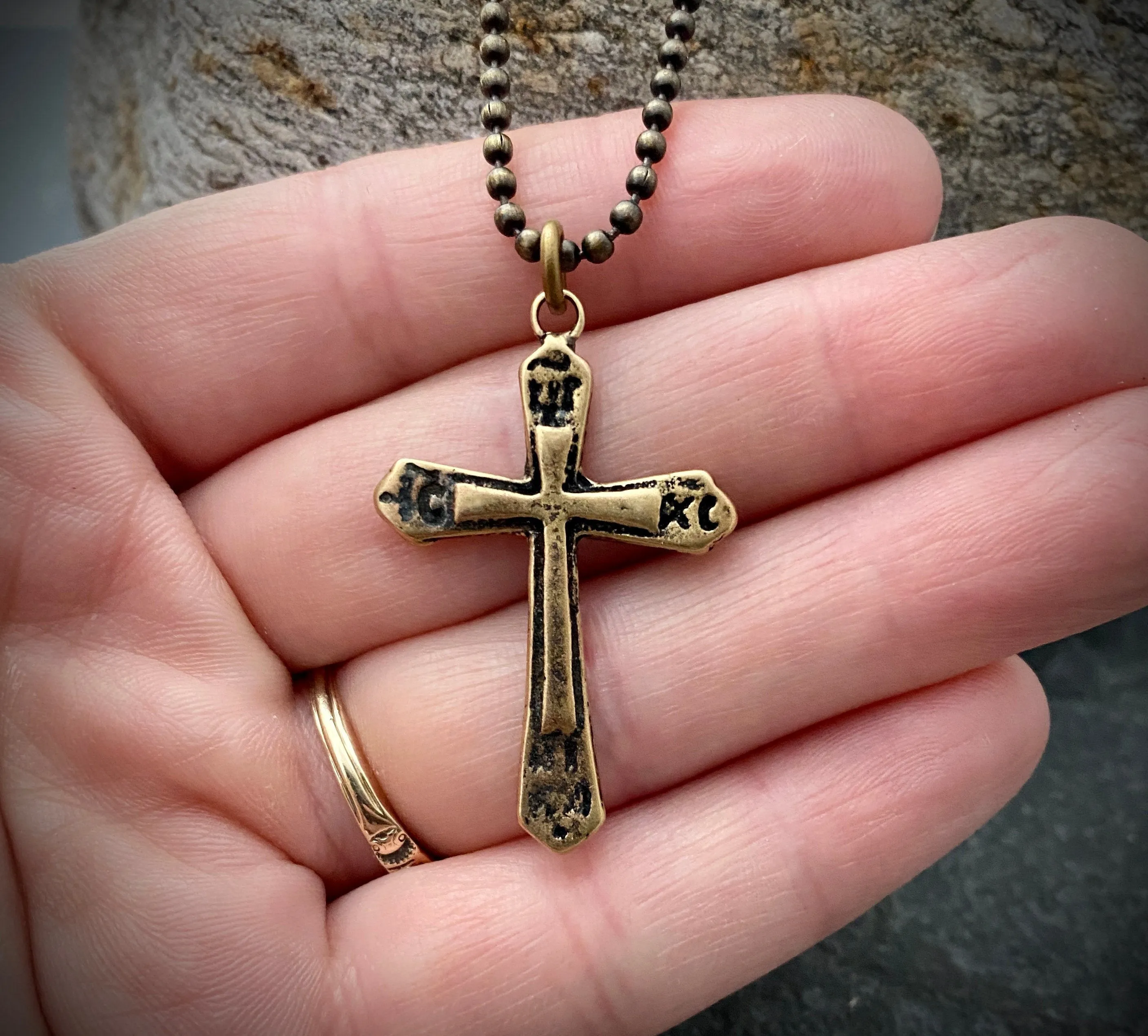 Ancient Antique Bronze Cross on Men's Brass Bead Chain, Unisex Necklace, Antiqued Medieval Cross, Men's Fashion, BR-029 sold by Vintage Gentlemen product image thumbnail 2