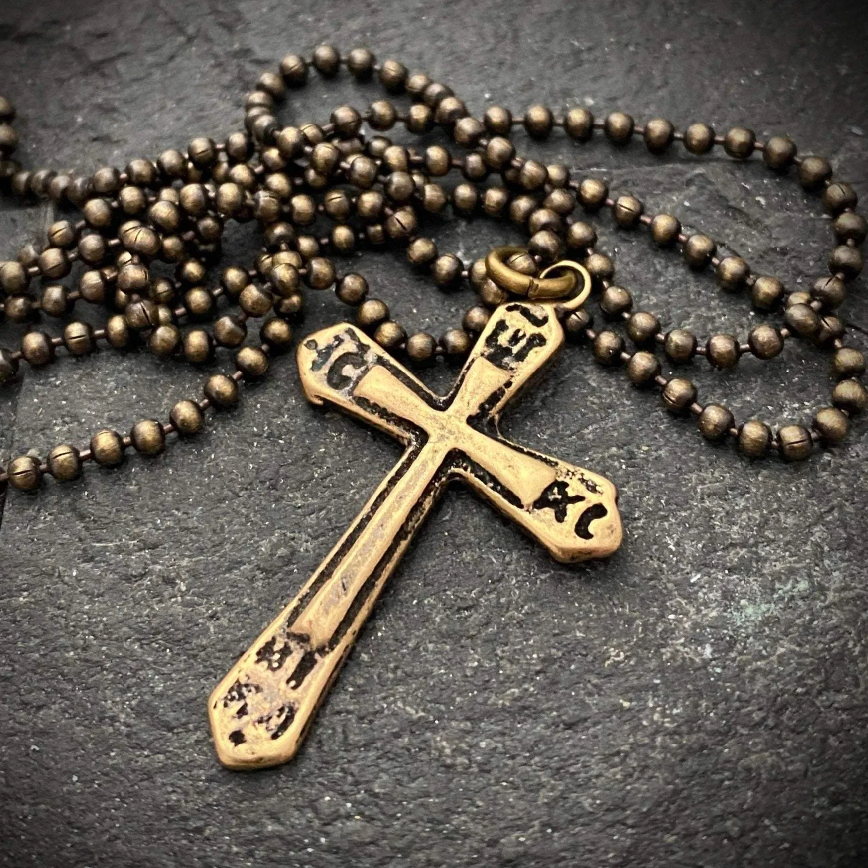 Ancient Antique Bronze Cross on Men's Brass Bead Chain, Unisex Necklace, Antiqued Medieval Cross, Men's Fashion, BR-029 sold by Vintage Gentlemen