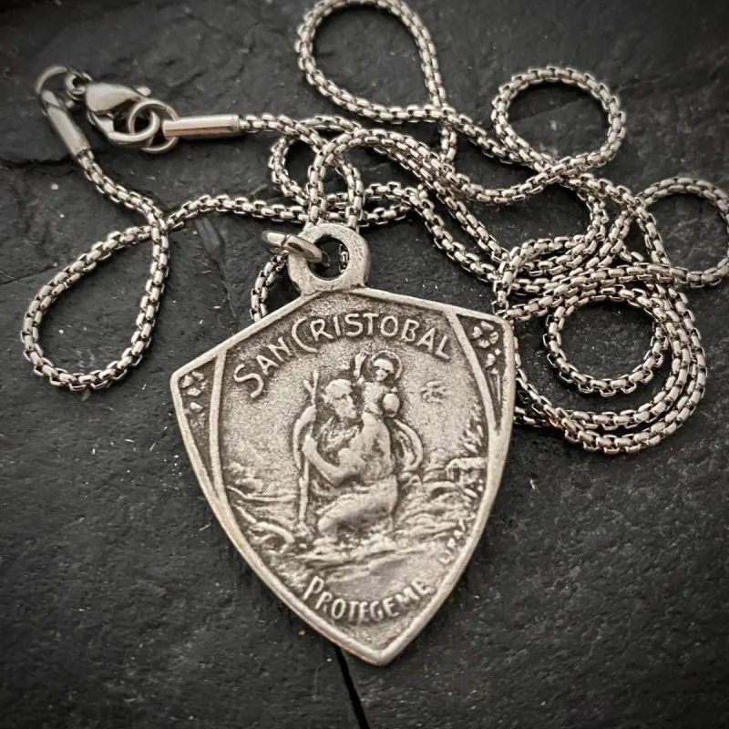 Men's St. Christopher Medal Necklace, Unisex Jewelry, Chain length in 20 or 24 inches, ST-031 sold by Vintage Gentlemen