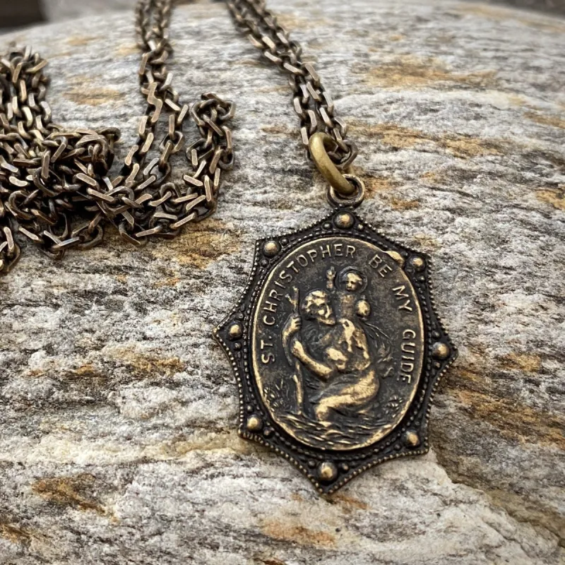 Men's Necklace, Vintage Style St. Christopher, Protection, Protect Us, Patron of travelers, 20 or 24 inches, Antiqued Brass, BR-008 sold by Vintage Gentlemen