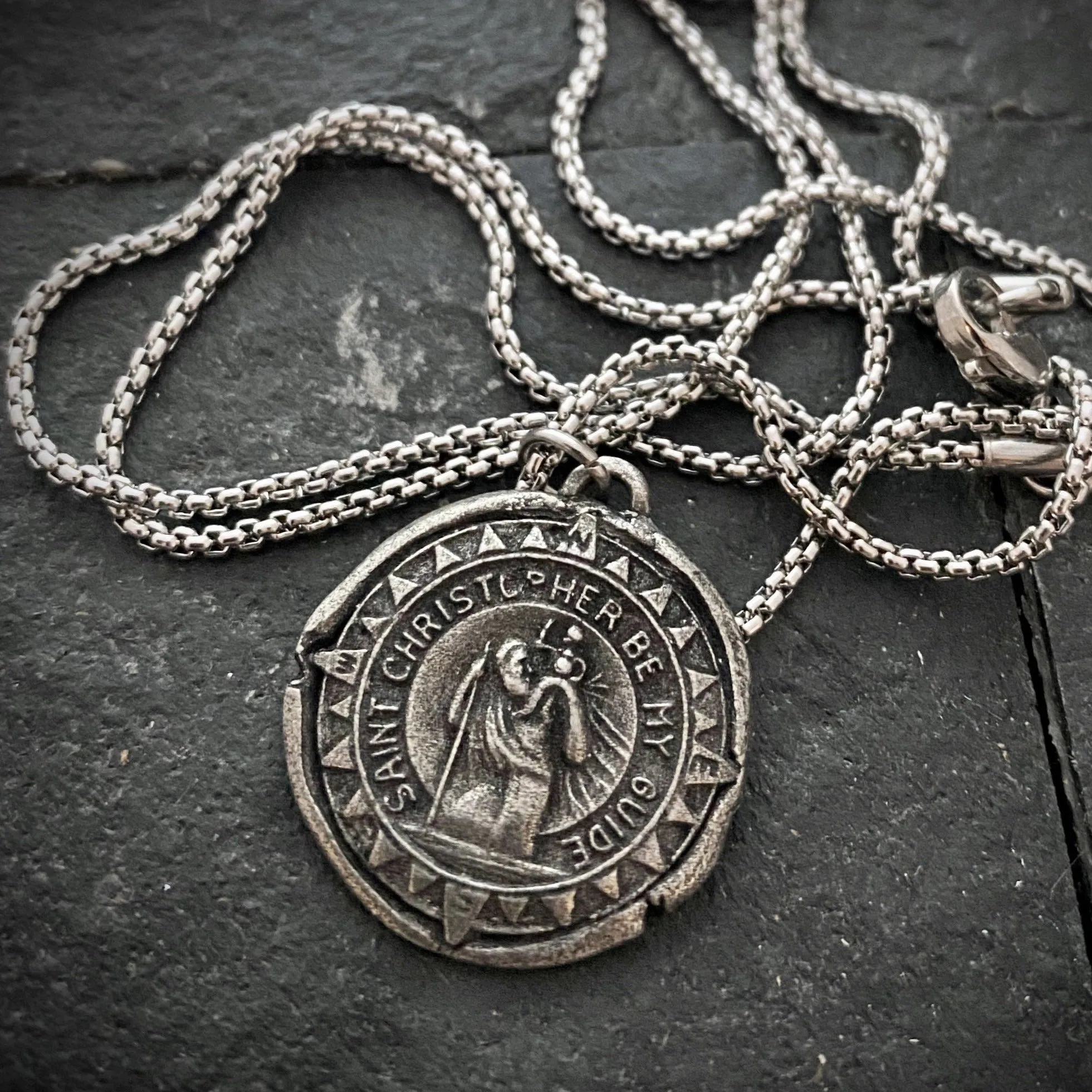 Men's necklace with St. Christopher Wax Seal Medal, unisex necklace, Chain length in 20 or 24 inches ST-010 sold by Vintage Gentlemen