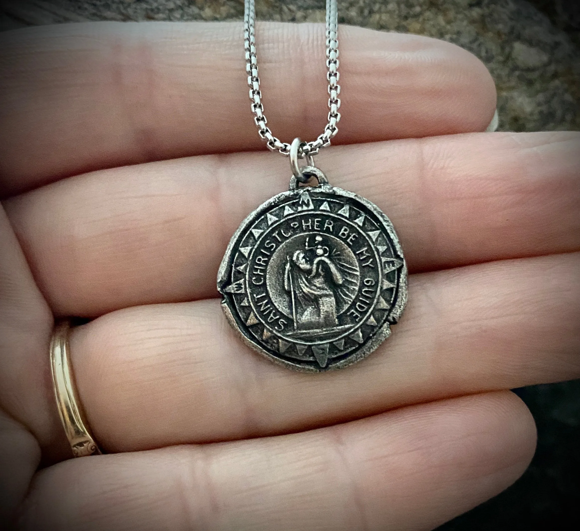 Men's necklace with St. Christopher Wax Seal Medal, unisex necklace, Chain length in 20 or 24 inches ST-010 sold by Vintage Gentlemen product image thumbnail 2