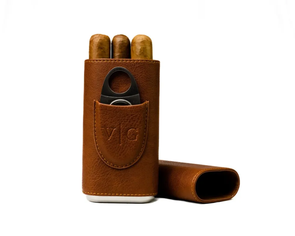 Luxury Brown Leather Cigar Case With Cutter sold by Vintage Gentlemen