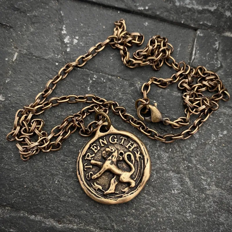 Men's Lion, Strength Wax Seal Necklace, Antiqued Brass Bronze Unisex Jewelry, Chain length 20 or 24 inches BR-060 sold by Vintage Gentlemen