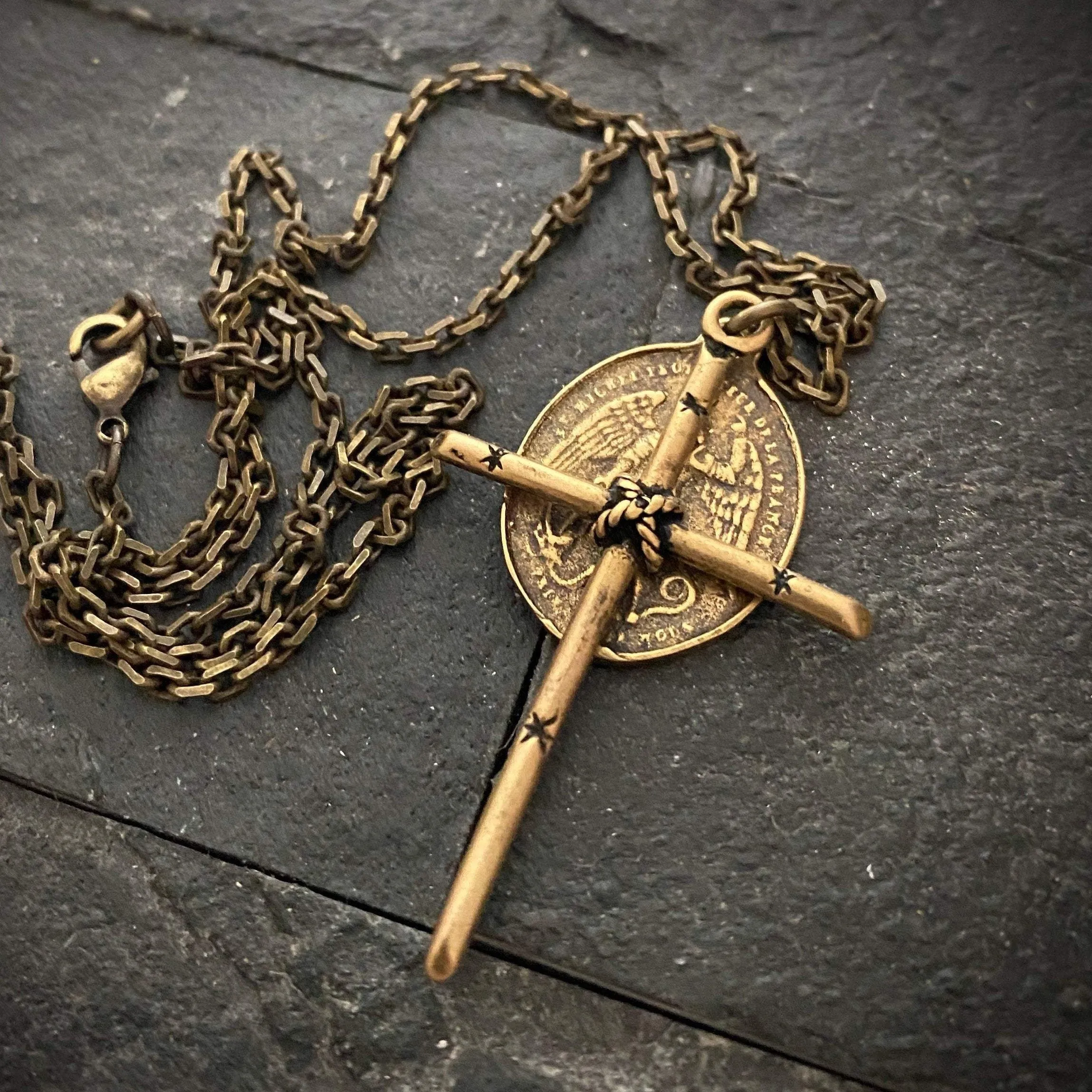 Men's Antiqued Brass Dual Pendant Necklace with Rope Tied Cross and Archangel St. Michael Medal, Unisex Necklace, BR-036, Johnny Ltd sold by Vintage Gentlemen