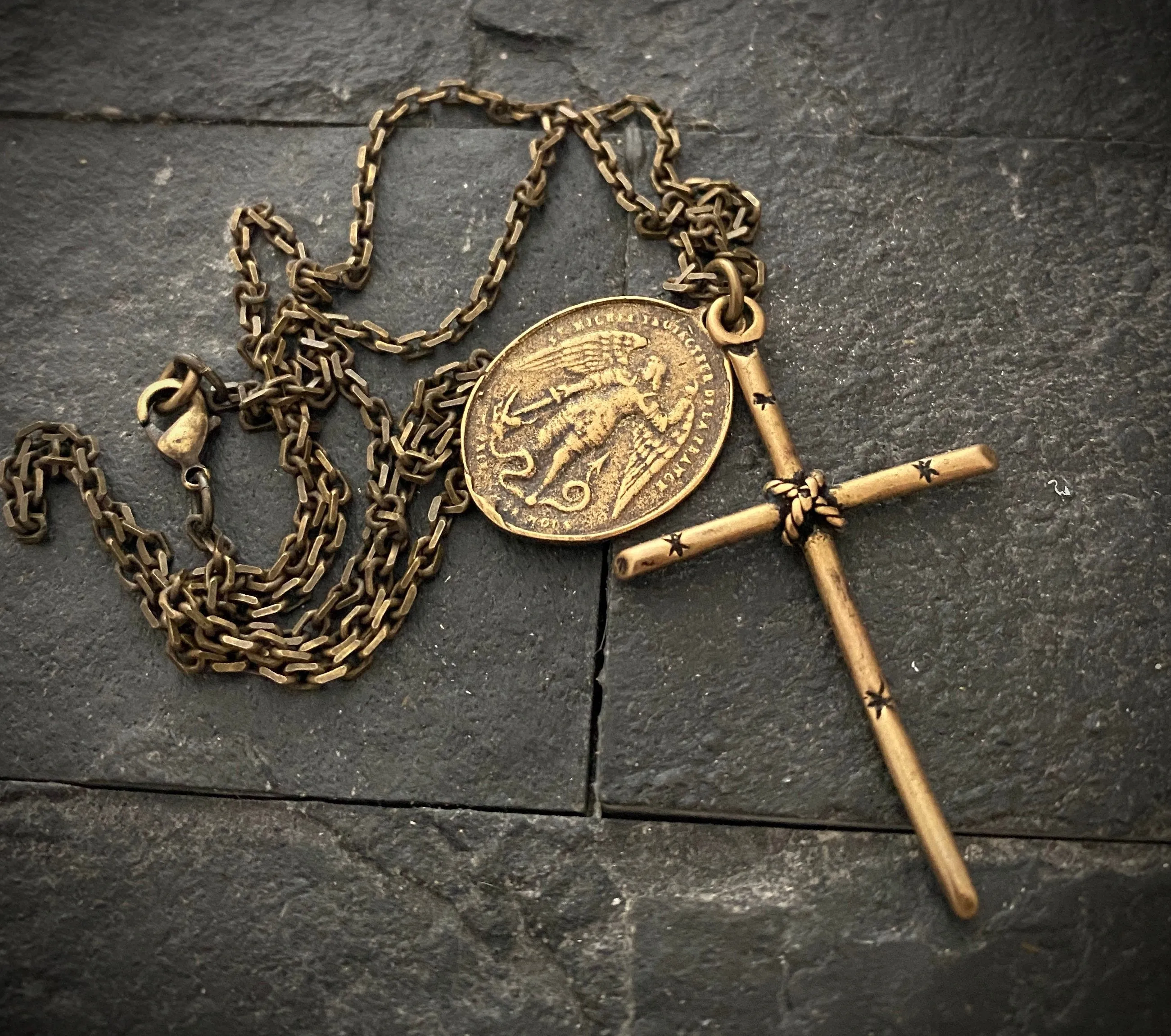 Men's Antiqued Brass Dual Pendant Necklace with Rope Tied Cross and Archangel St. Michael Medal, Unisex Necklace, BR-036, Johnny Ltd sold by Vintage Gentlemen product image thumbnail 2